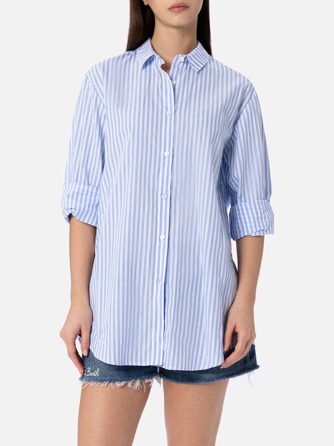 Mc2 Saint Barth Woman Cotton Shirt Brigitte With Light Blue Striped Print