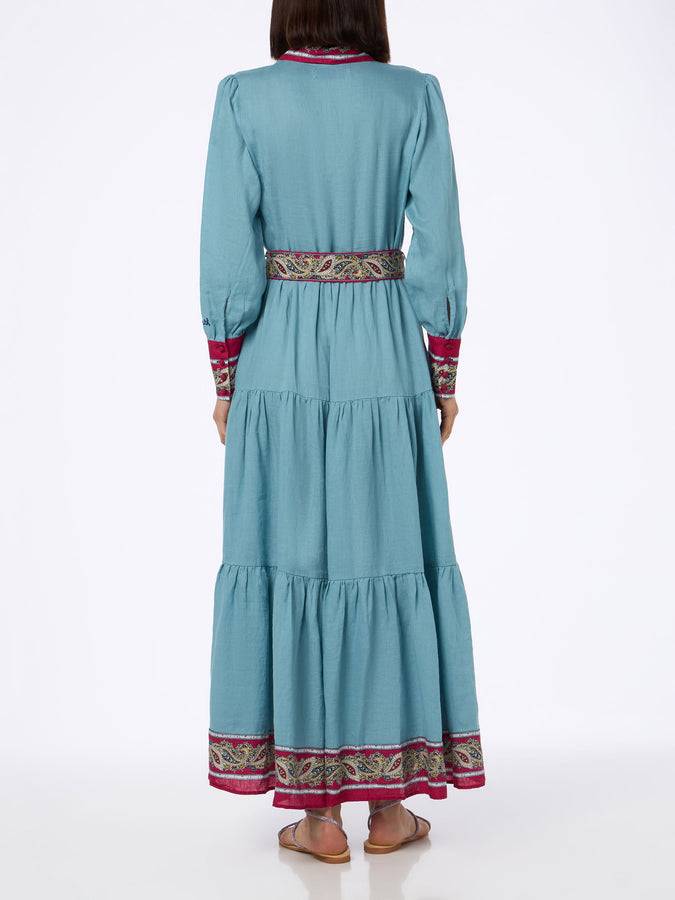 Mc2 Saint Barth Woman Light Blue Linen Dress Jensen With Paisley Placed Print