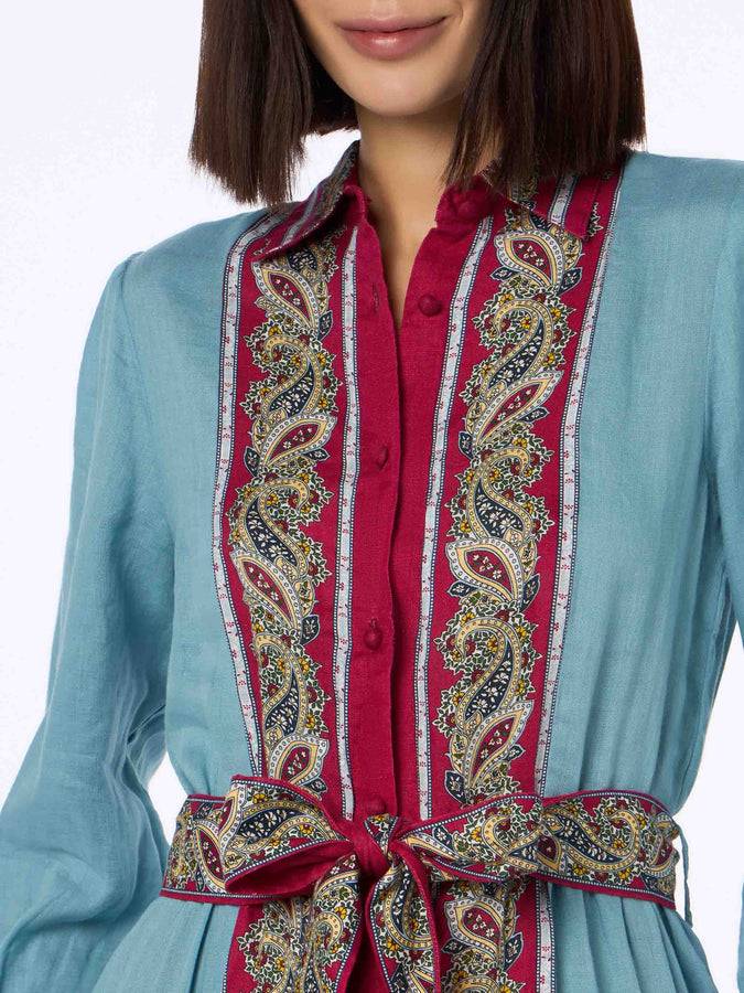 Mc2 Saint Barth Woman Light Blue Linen Dress Jensen With Paisley Placed Print