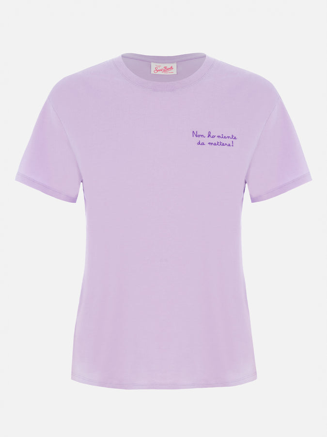 Mc2 Saint Barth Woman Lilac Cotton Jersey Crewneck T-shirt Emilie With Non Ho Niente Da Mettere Embroidery