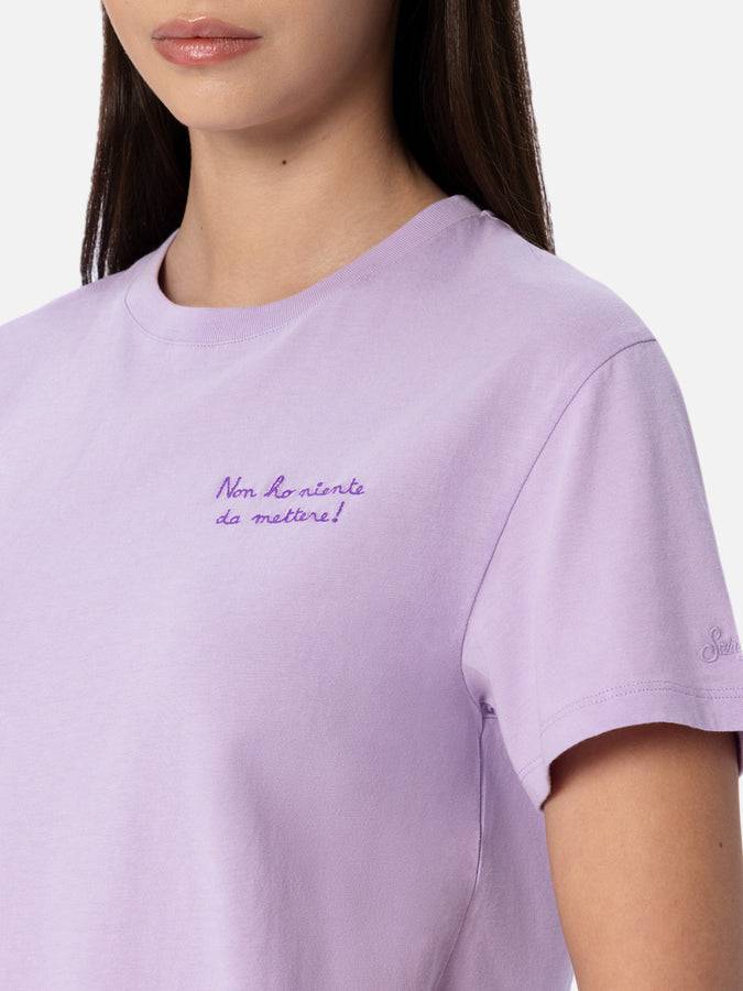 Mc2 Saint Barth Woman lilac cotton jersey crewneck t-shirt Emilie with Non ho niente da mettere embroidery