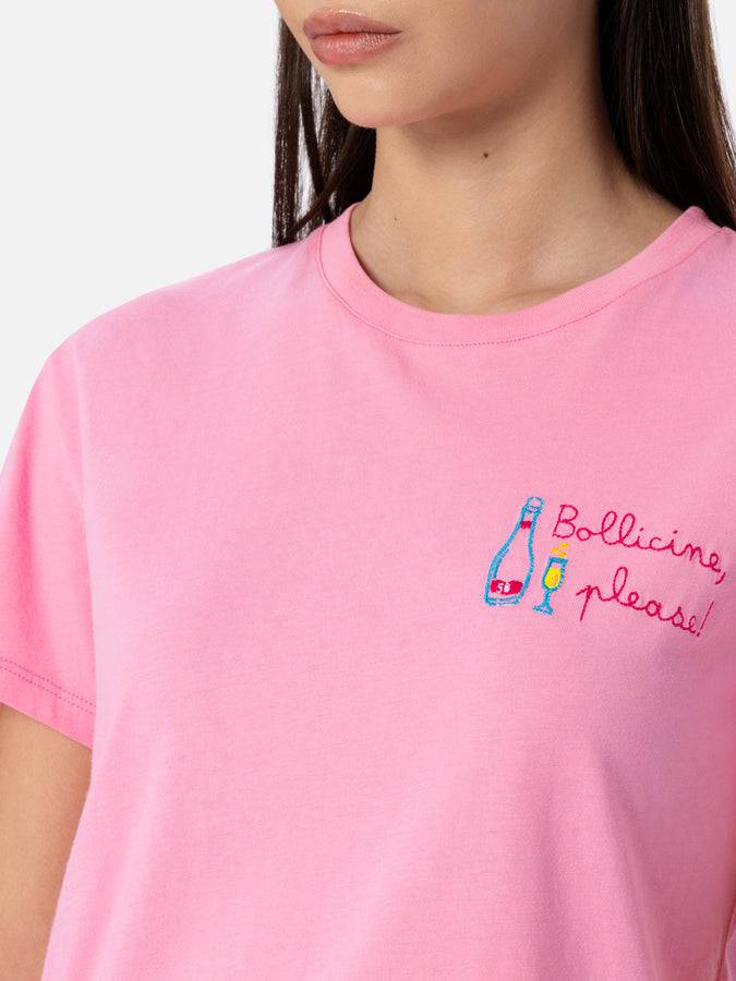 Mc2 Saint Barth Woman Pink Cotton Jersey Crewneck T-shirt Emilie With Bollicine, Please Embroidery