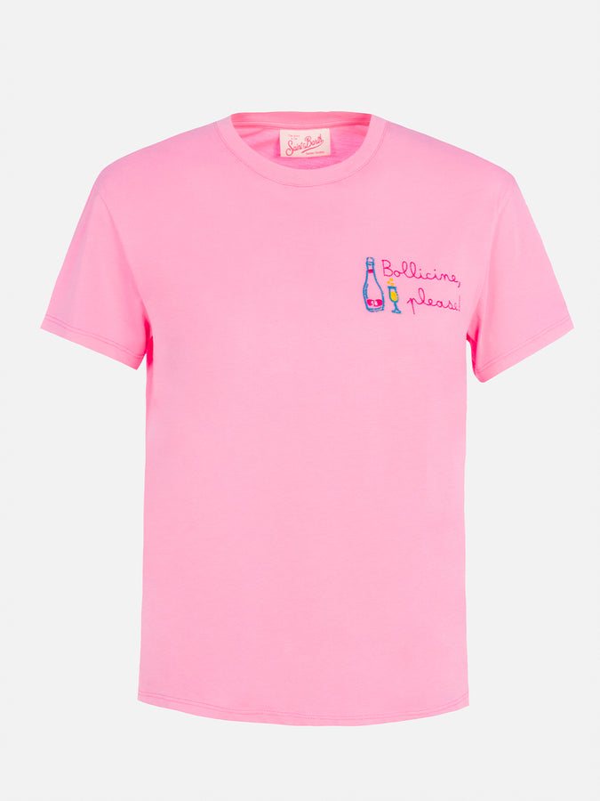 Mc2 Saint Barth Woman Pink Cotton Jersey Crewneck T-shirt Emilie With Bollicine, Please Embroidery