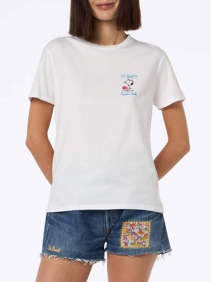 Mc2 Saint Barth Woman Pink Cotton Jersey Crewneck T-shirt Emilie With Snoopy St. Barth Padel Club Embroidery | SNOOPY PEANUTS SPECIAL EDITION
