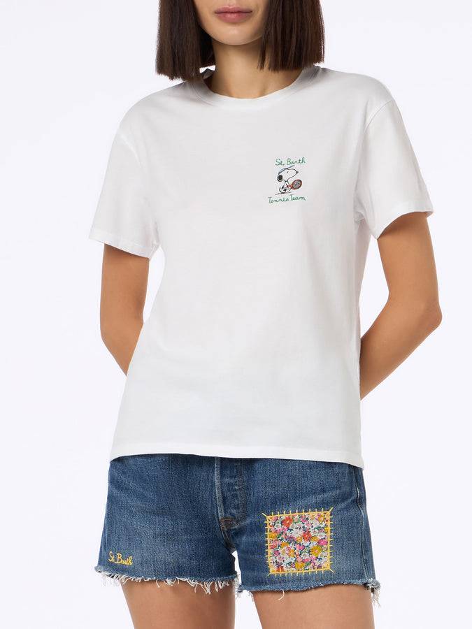 Mc2 Saint Barth Woman Pink Cotton Jersey Crewneck T-shirt Emilie With Snoopy St. Barth Tennis Team Embroidery | SNOOPY PEANUTS SPECIAL EDITION