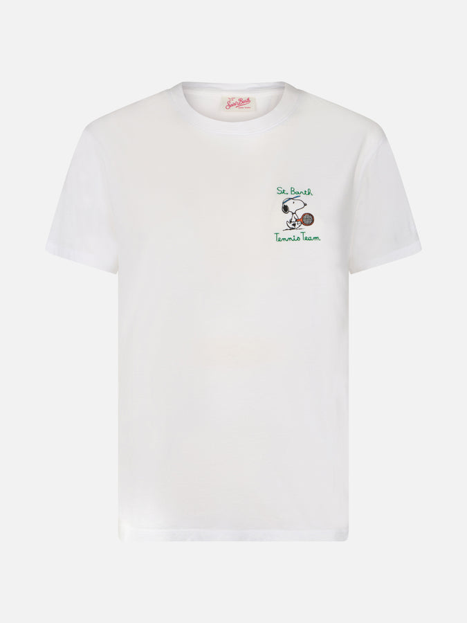 Mc2 Saint Barth Woman Pink Cotton Jersey Crewneck T-shirt Emilie With Snoopy St. Barth Tennis Team Embroidery | SNOOPY PEANUTS SPECIAL EDITION