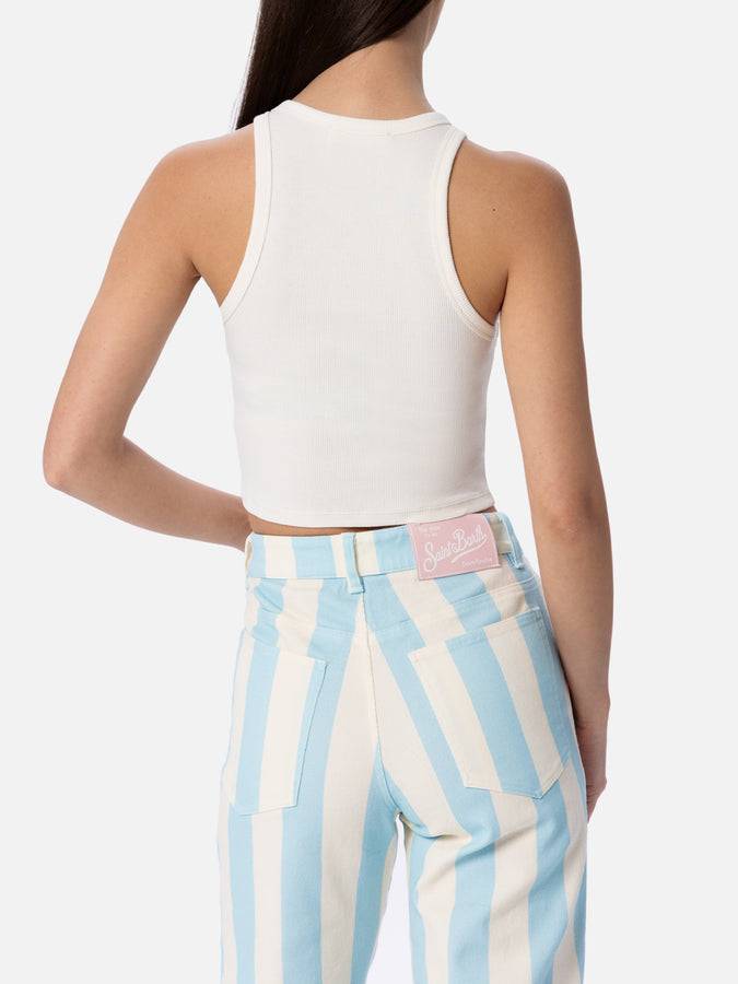 Mc2 Saint Barth Woman Rib-knit Cotton Crop Tank With Saint Barth Beach Club Embroidery