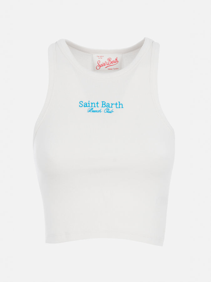 Mc2 Saint Barth Woman Rib-knit Cotton Crop Tank With Saint Barth Beach Club Embroidery