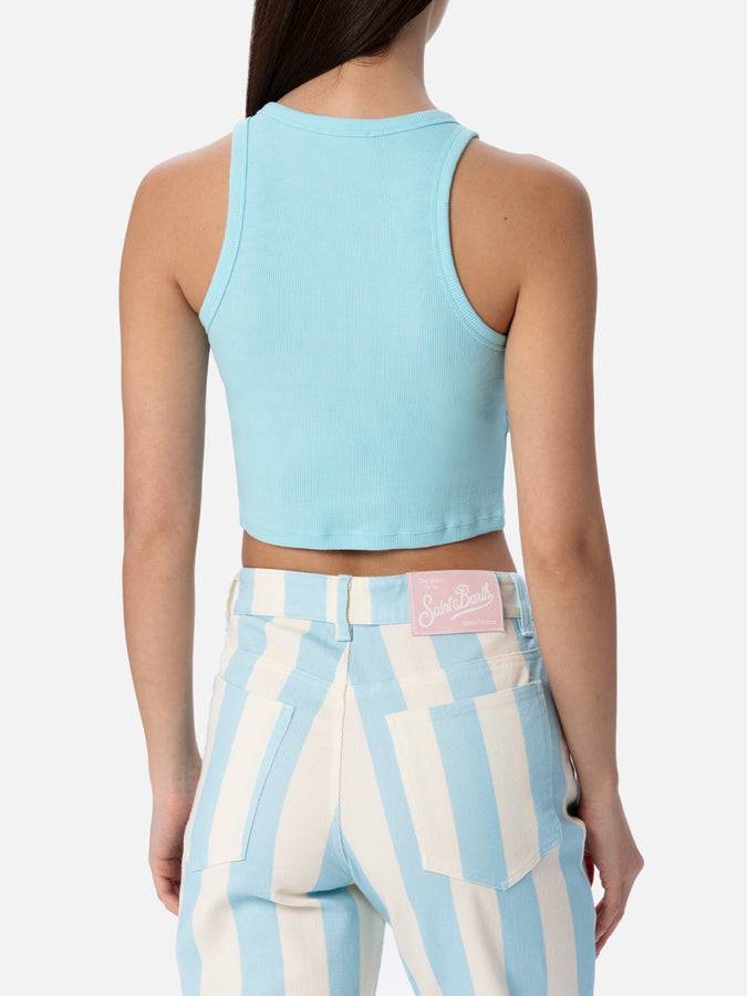 Mc2 Saint Barth Woman Rib-knit Cotton Crop Tank With Saint Barth Beach Club Embroidery