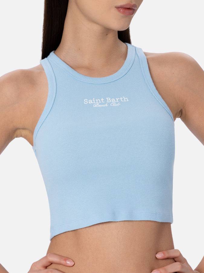 Mc2 Saint Barth Woman Rib-knit Cotton Crop Tank With Saint Barth Beach Club Embroidery