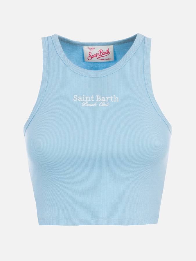 Mc2 Saint Barth Woman Rib-knit Cotton Crop Tank With Saint Barth Beach Club Embroidery