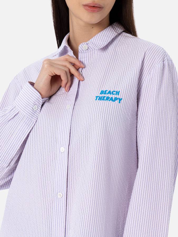 Mc2 Saint Barth Woman Striped Print Cotton Over Shirt Brigitte With Front And Back Beach Therapy Embroidery