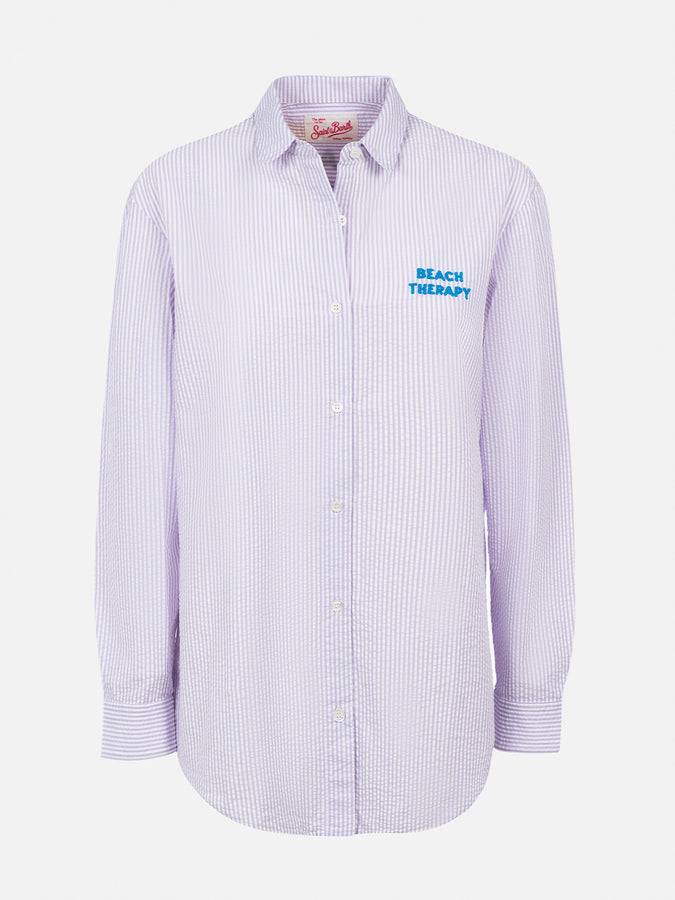 Mc2 Saint Barth Woman Striped Print Cotton Over Shirt Brigitte With Front And Back Beach Therapy Embroidery
