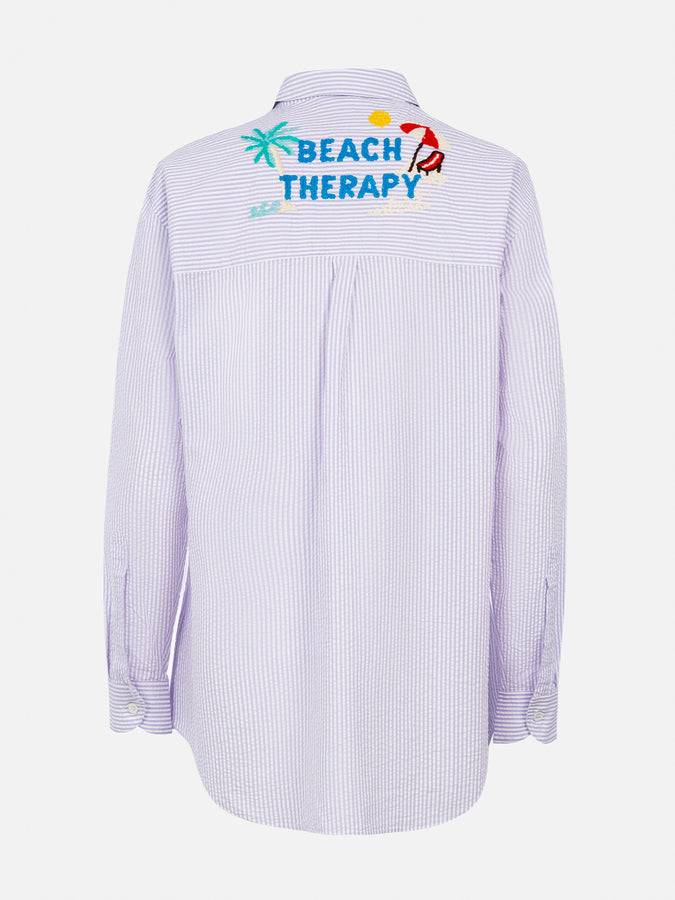 Mc2 Saint Barth Woman Striped Print Cotton Over Shirt Brigitte With Front And Back Beach Therapy Embroidery