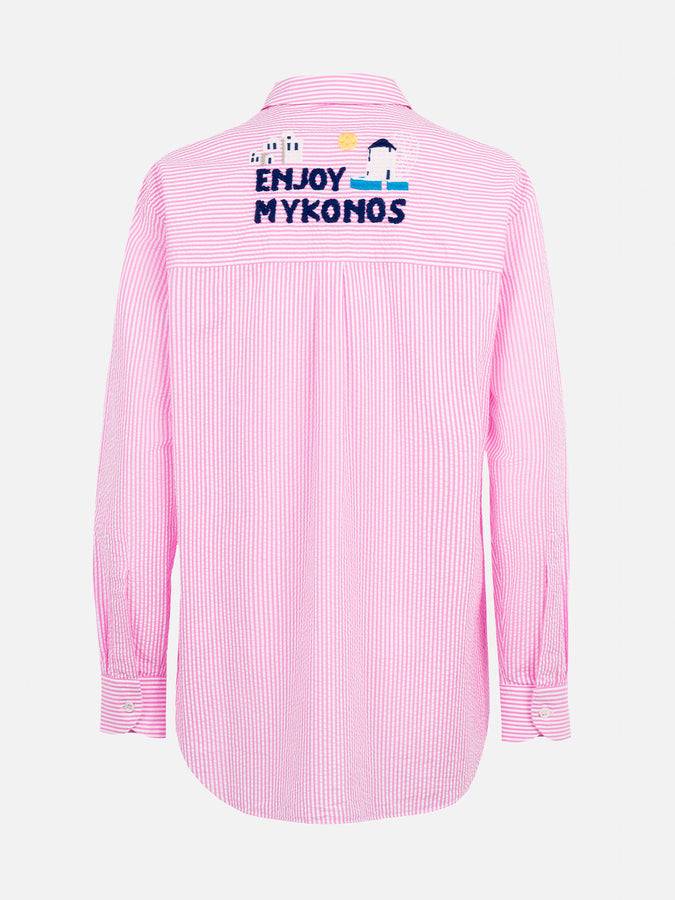 Mc2 Saint Barth Woman Striped Seeruscker Cotton Over Shirt Brigitte With Front And Back Mykonos Embroidery