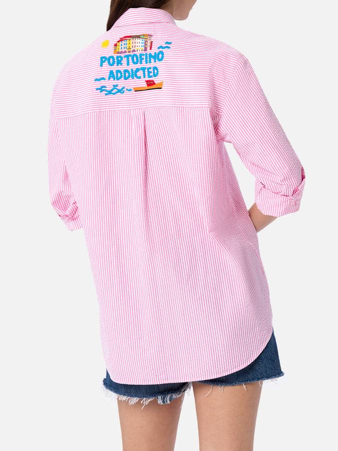 Mc2 Saint Barth Woman Striped Seeruscker Cotton Over Shirt Brigitte With Front And Back Portofino Embroidery