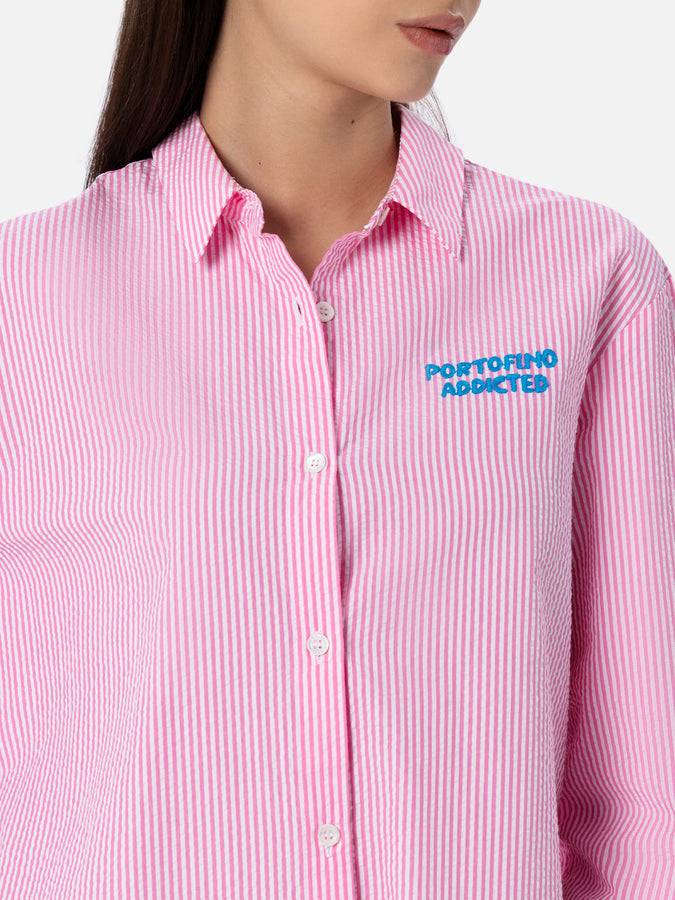 Mc2 Saint Barth Woman Striped Seeruscker Cotton Over Shirt Brigitte With Front And Back Portofino Embroidery