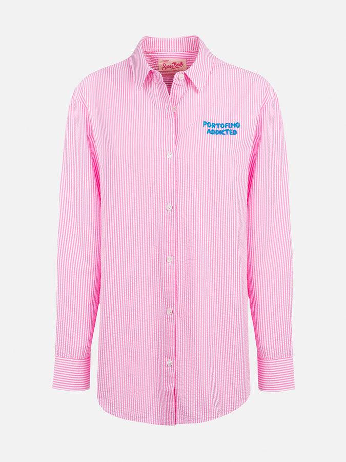 Mc2 Saint Barth Woman Striped Seeruscker Cotton Over Shirt Brigitte With Front And Back Portofino Embroidery