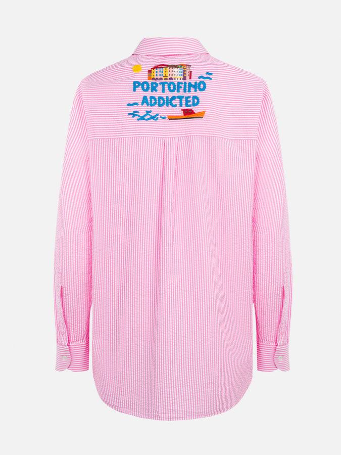 Mc2 Saint Barth Woman Striped Seeruscker Cotton Over Shirt Brigitte With Front And Back Portofino Embroidery
