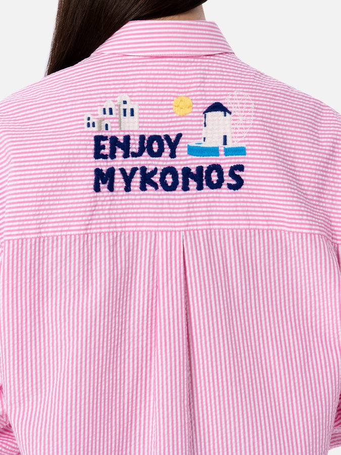 Mc2 Saint Barth Woman striped seeruscker cotton over shirt Brigitte with front and back Mykonos embroidery