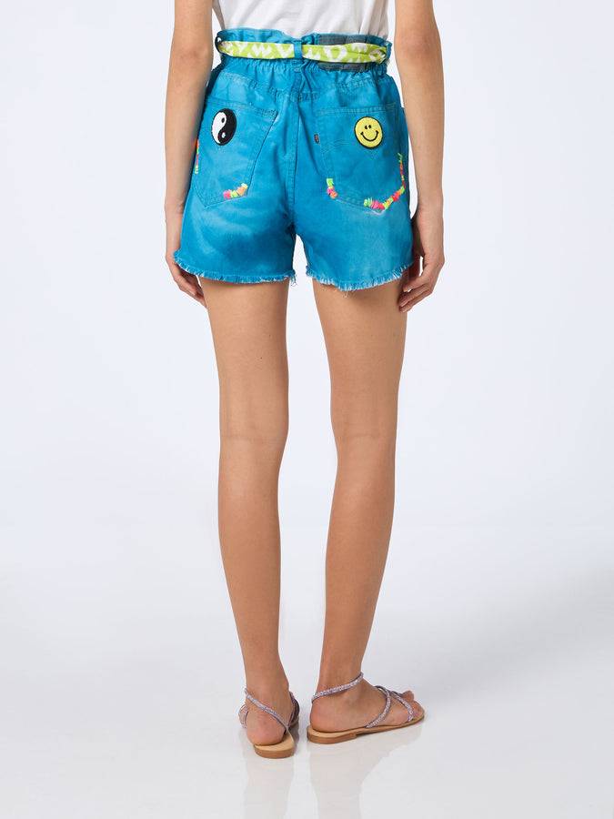 Mc2 Saint Barth Woman Upcycled Turquoise Denim Shorts Arizona With Embroidery