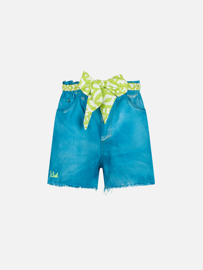 Mc2 Saint Barth Woman Upcycled Turquoise Denim Shorts Arizona With Embroidery