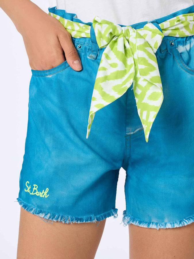Mc2 Saint Barth Woman Upcycled Turquoise Denim Shorts Arizona With Embroidery