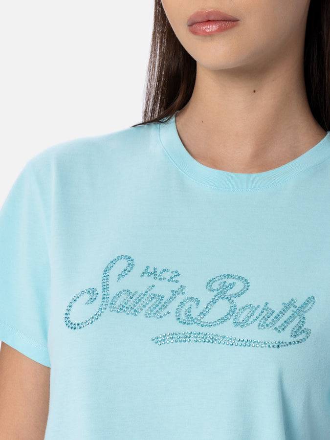 Mc2 Saint Barth Woman Water Green Cotton Jersey Crewneck T-shirt Emilie With Rhinestones
