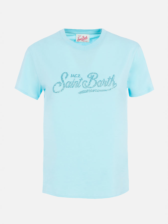 Mc2 Saint Barth Woman Water Green Cotton Jersey Crewneck T-shirt Emilie With Rhinestones