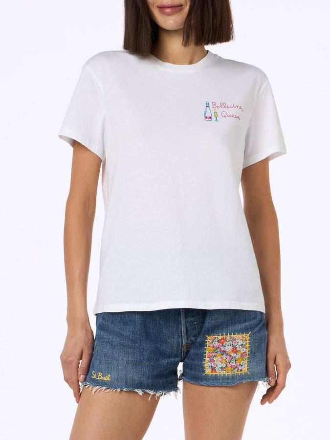 Mc2 Saint Barth Woman White Cotton Jersey Crewneck T-shirt Emilie With Bollicine Queen Embroidery