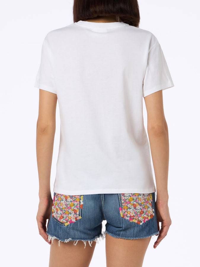 Mc2 Saint Barth Woman White Cotton Jersey Crewneck T-shirt Emilie With Bollicine Queen Embroidery
