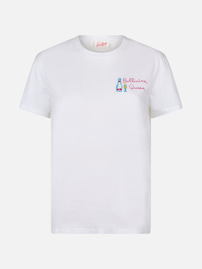 Mc2 Saint Barth Woman White Cotton Jersey Crewneck T-shirt Emilie With Bollicine Queen Embroidery