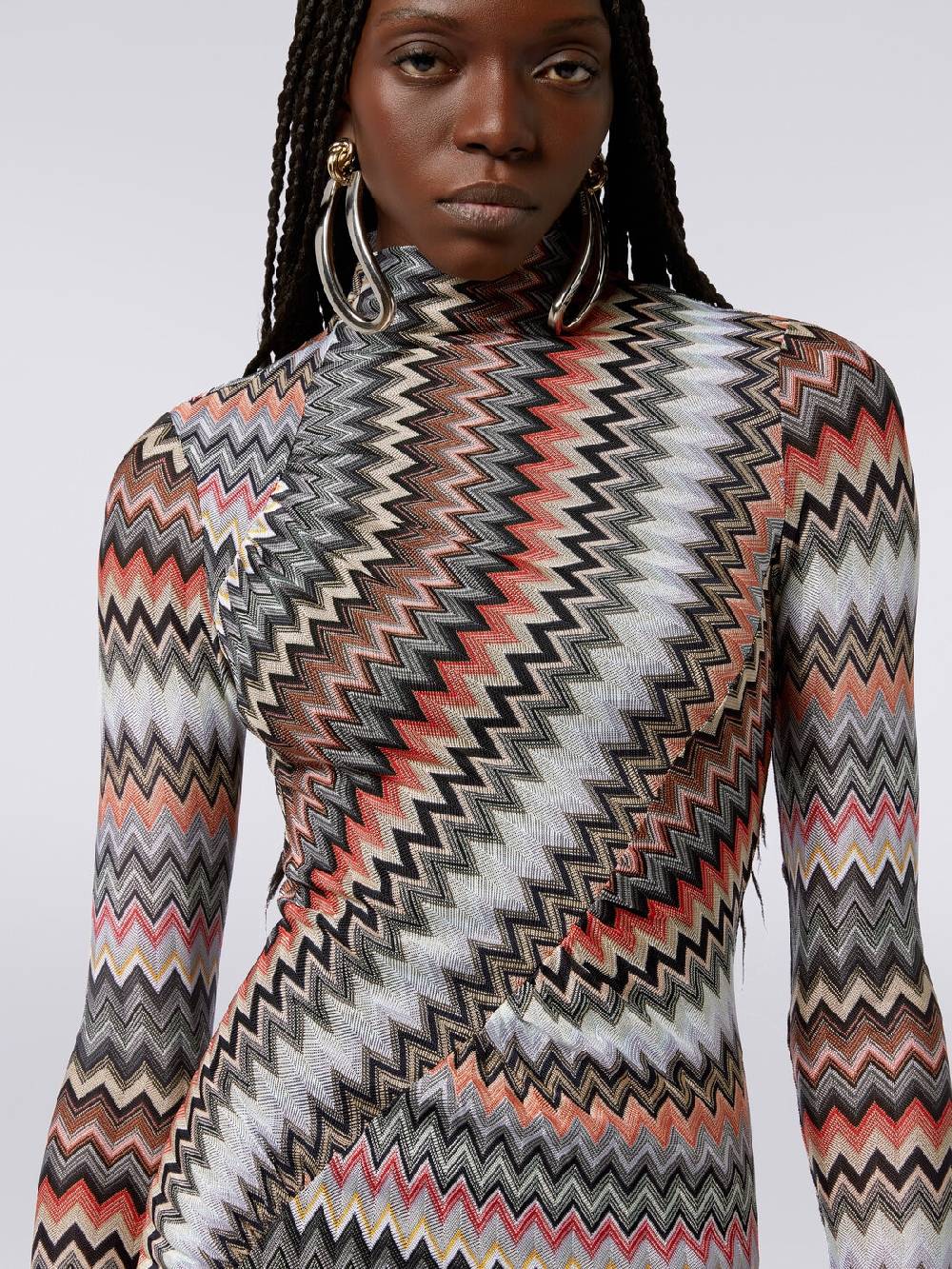 Missoni Abito Lungo Con Collo Alto In Cotone E Viscosa Zig Zag Con Arricciature
