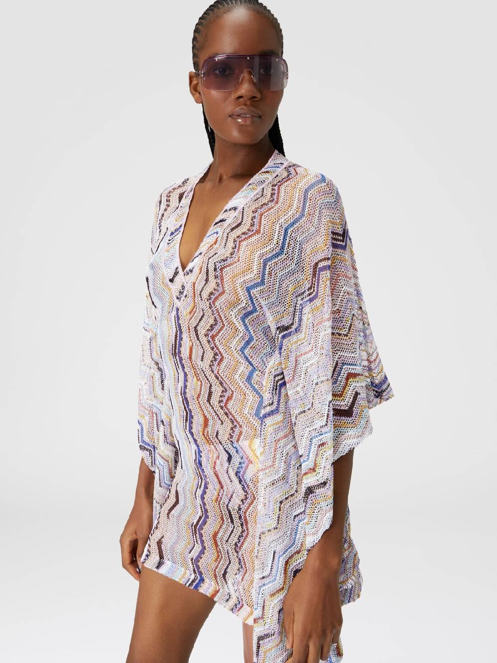 Missoni Caftano Copricostume Corto In Crochet Zig Zag Con Lurex