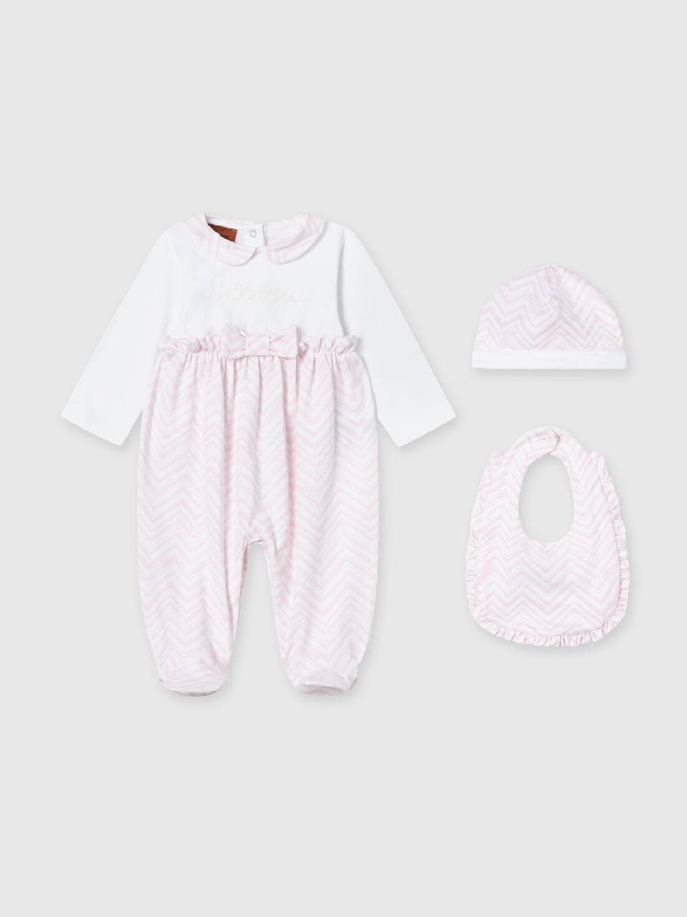 Missoni Set tre pezzi con tutina, zuccotto e bavaglino in cotone con inserti zig zag
