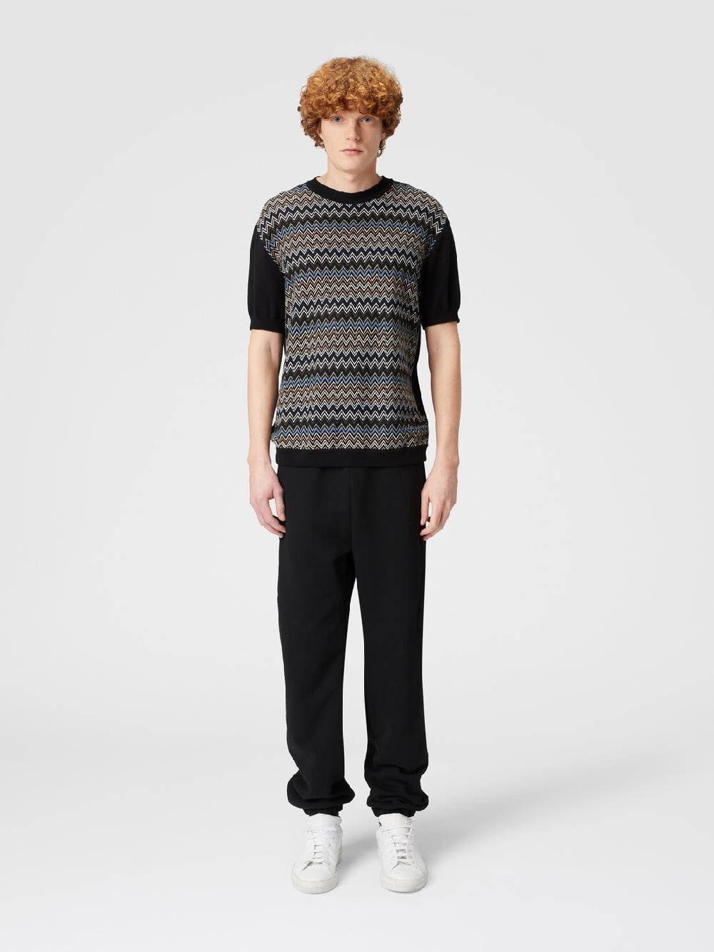 Missoni T-shirt in maglia di cotone zig zag con inserti tinta unita