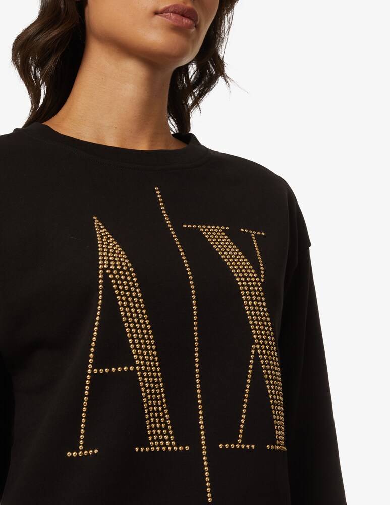 Armani Exchange Felpa Girocollo In Cotone Con Logo Icon Borchiato - Nero