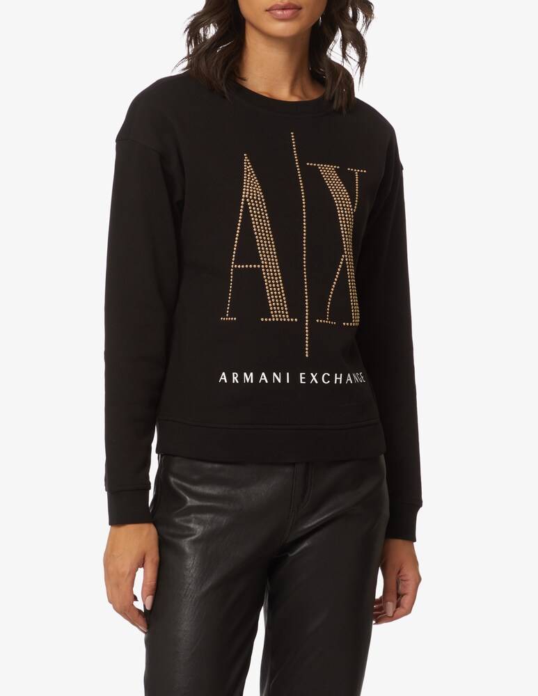 Armani Exchange Felpa girocollo in cotone con logo icon borchiato - Nero