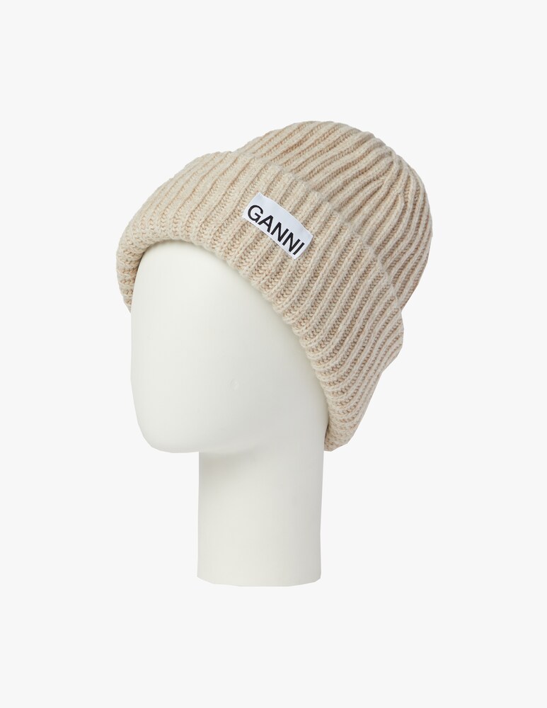 Ganni Cappellino In Misto Lana Con Logo - Beige