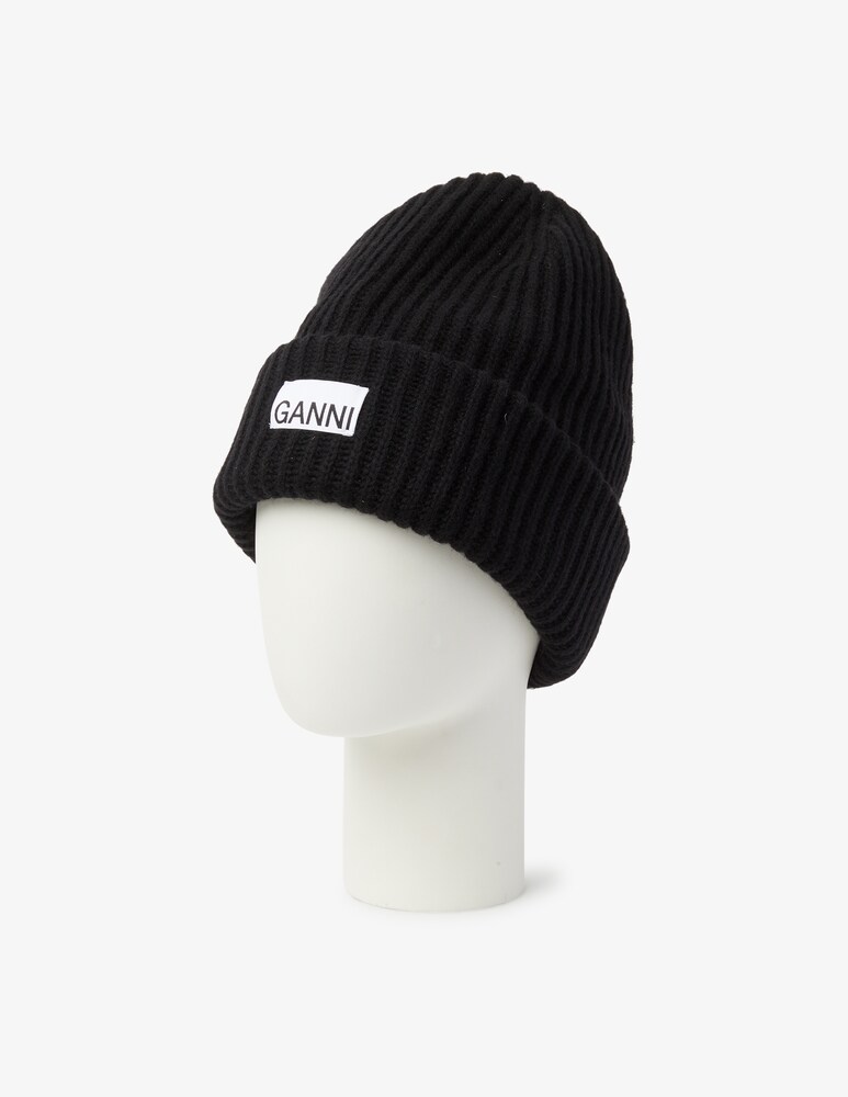 Ganni Cappellino In Misto Lana Con Logo - Nero