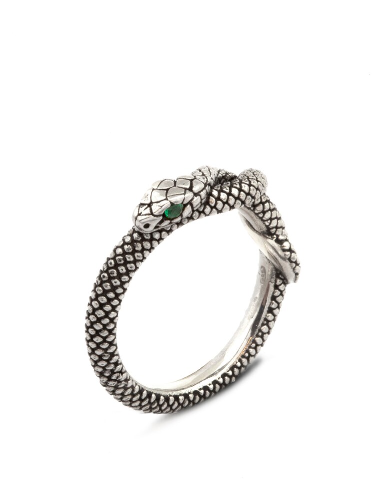 NOVE25 Fedina serpente con occhi zirconia cubica verde - argento