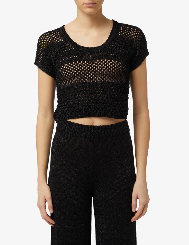 Rinascente Collection Pink Label Maglia crop lurex a maniche corte traforata