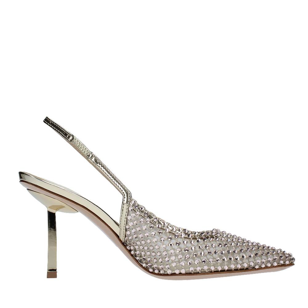 LE SILLA Décolleté Slingback Modello GILDA In Pelle E Rete Argentata, Ulteriormente Impreziosita Da Cristalli