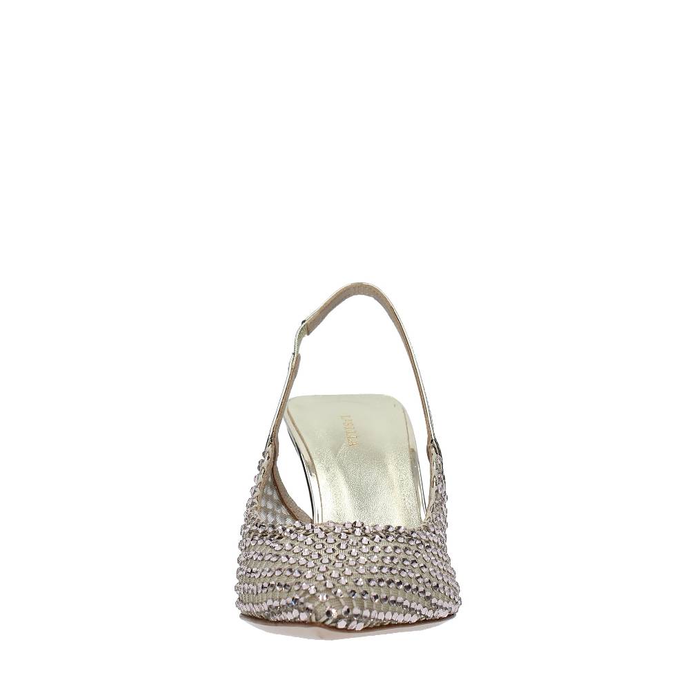 LE SILLA Décolleté Slingback Modello GILDA In Pelle E Rete Argentata, Ulteriormente Impreziosita Da Cristalli