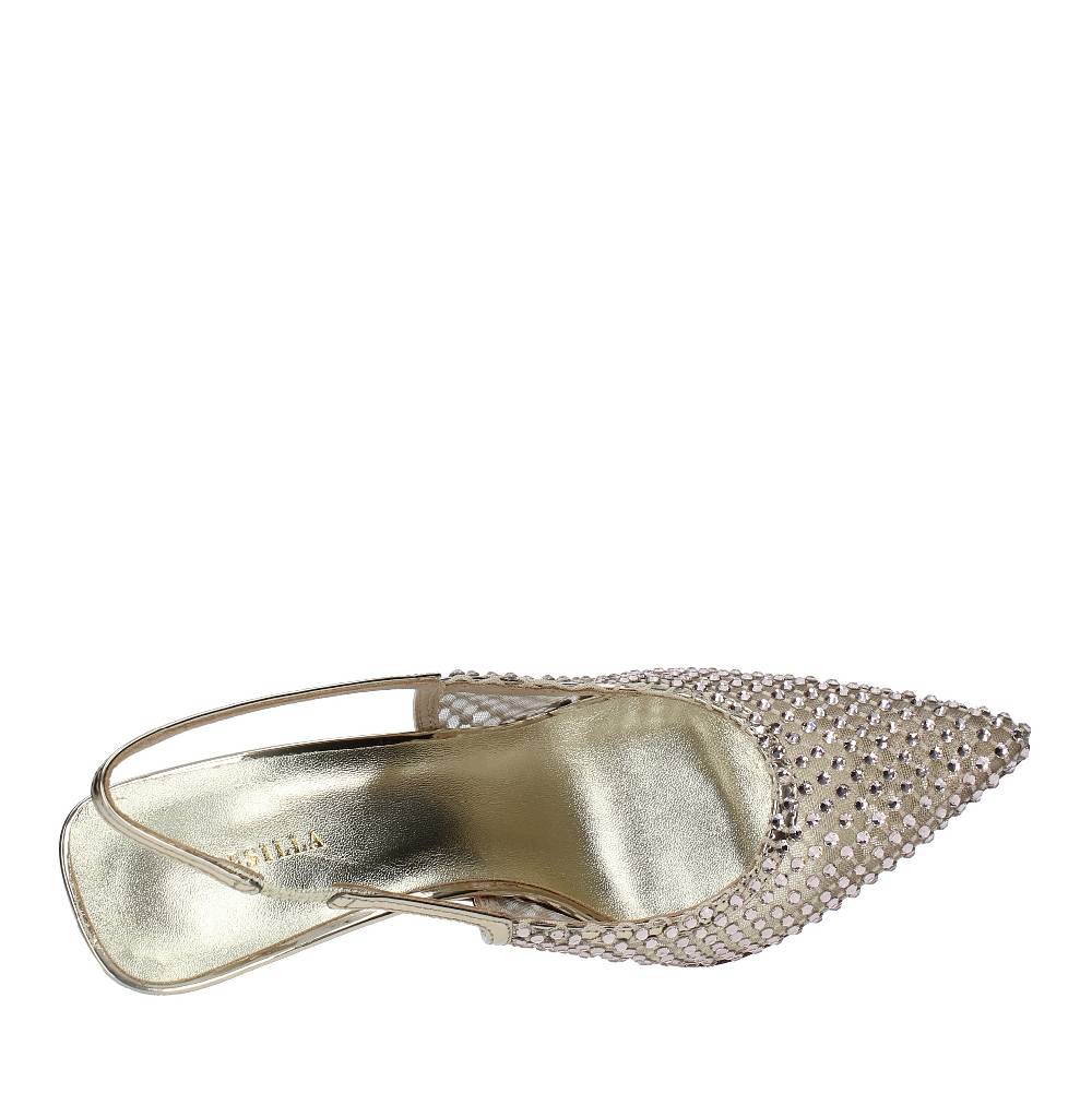 LE SILLA Décolleté Slingback Modello GILDA In Pelle E Rete Argentata, Ulteriormente Impreziosita Da Cristalli