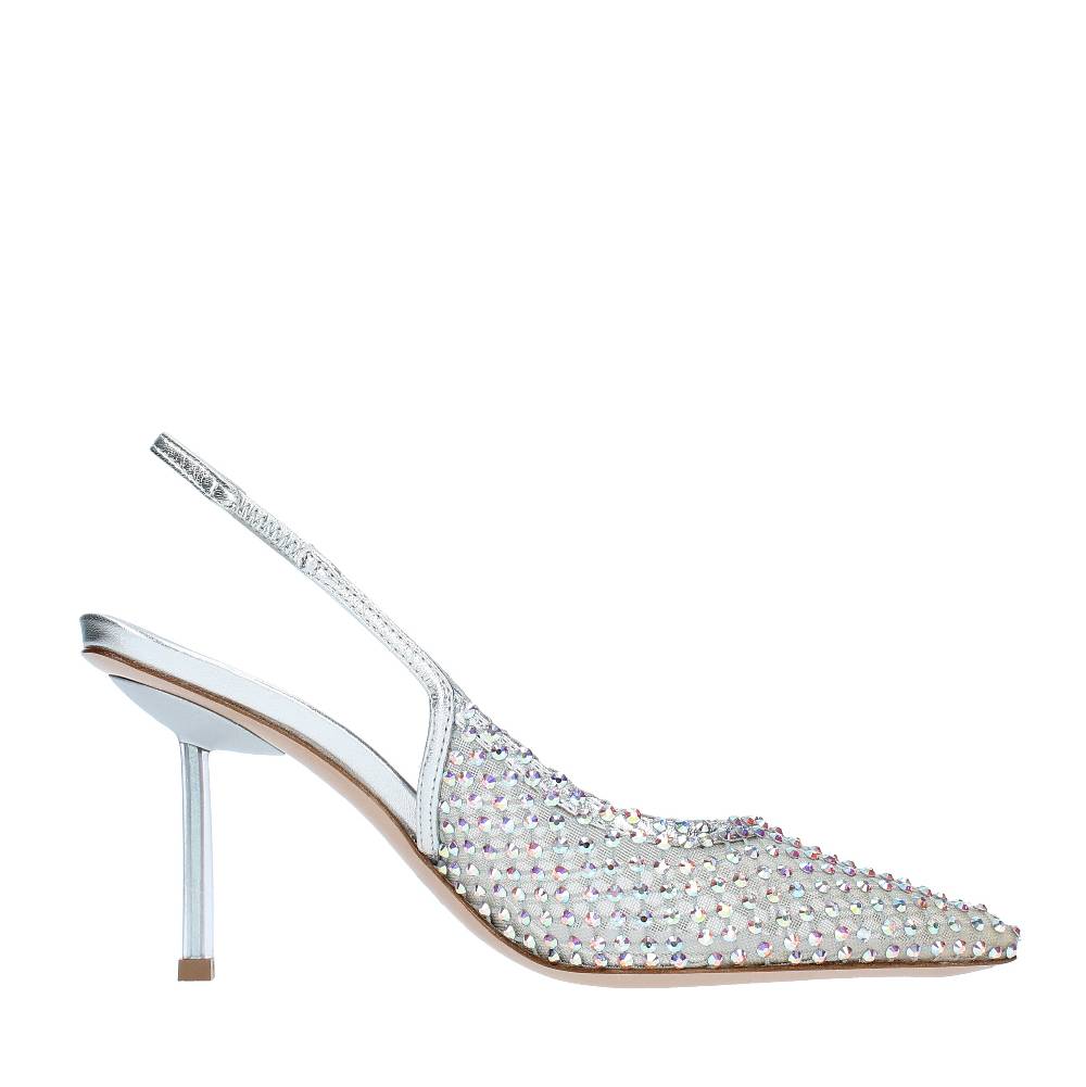 LE SILLA Décolleté Slingback Modello GILDA In Pelle E Rete Argentata, Ulteriormente Impreziosita Da Cristalli
