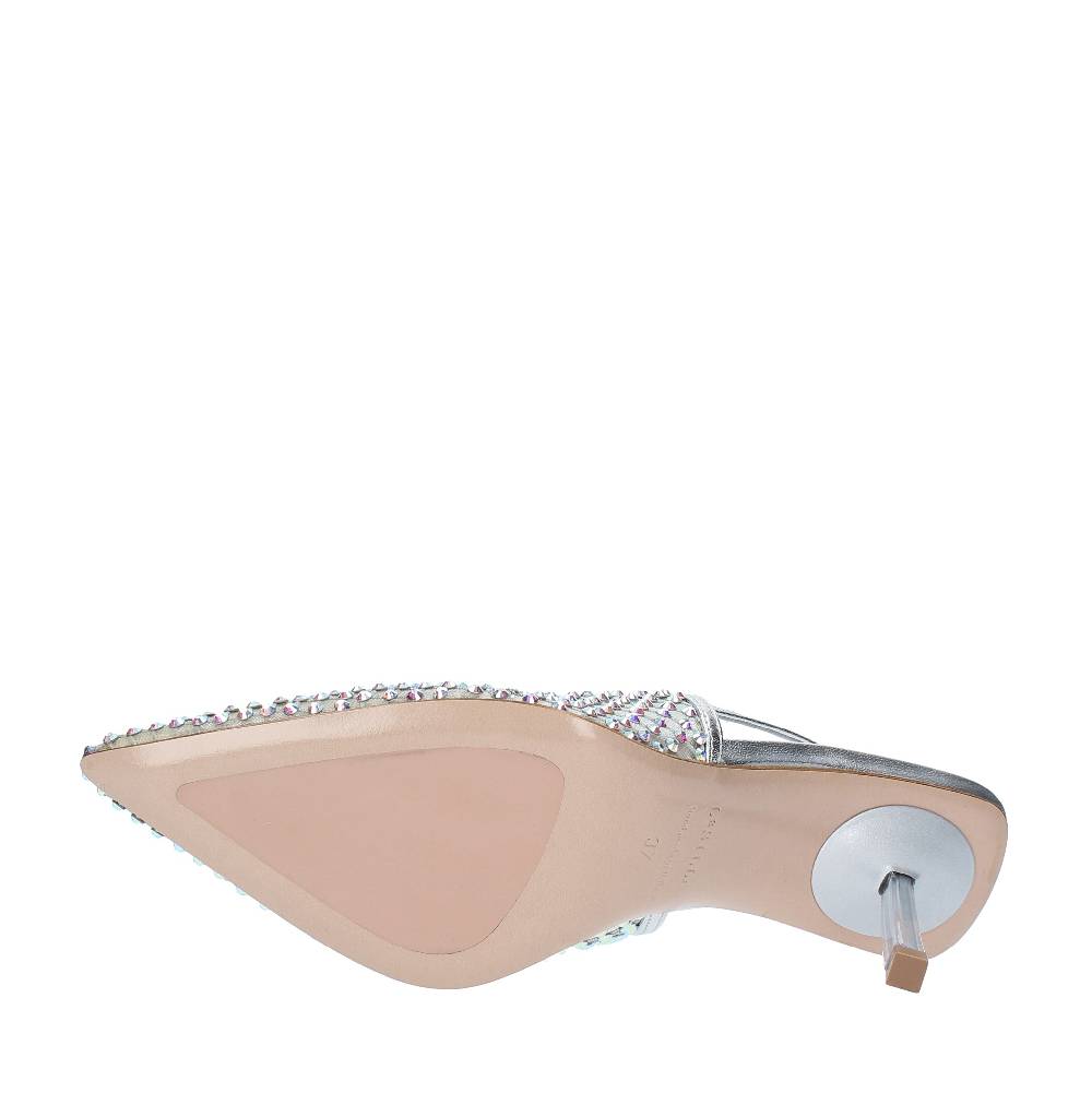 LE SILLA Décolleté Slingback Modello GILDA In Pelle E Rete Argentata, Ulteriormente Impreziosita Da Cristalli
