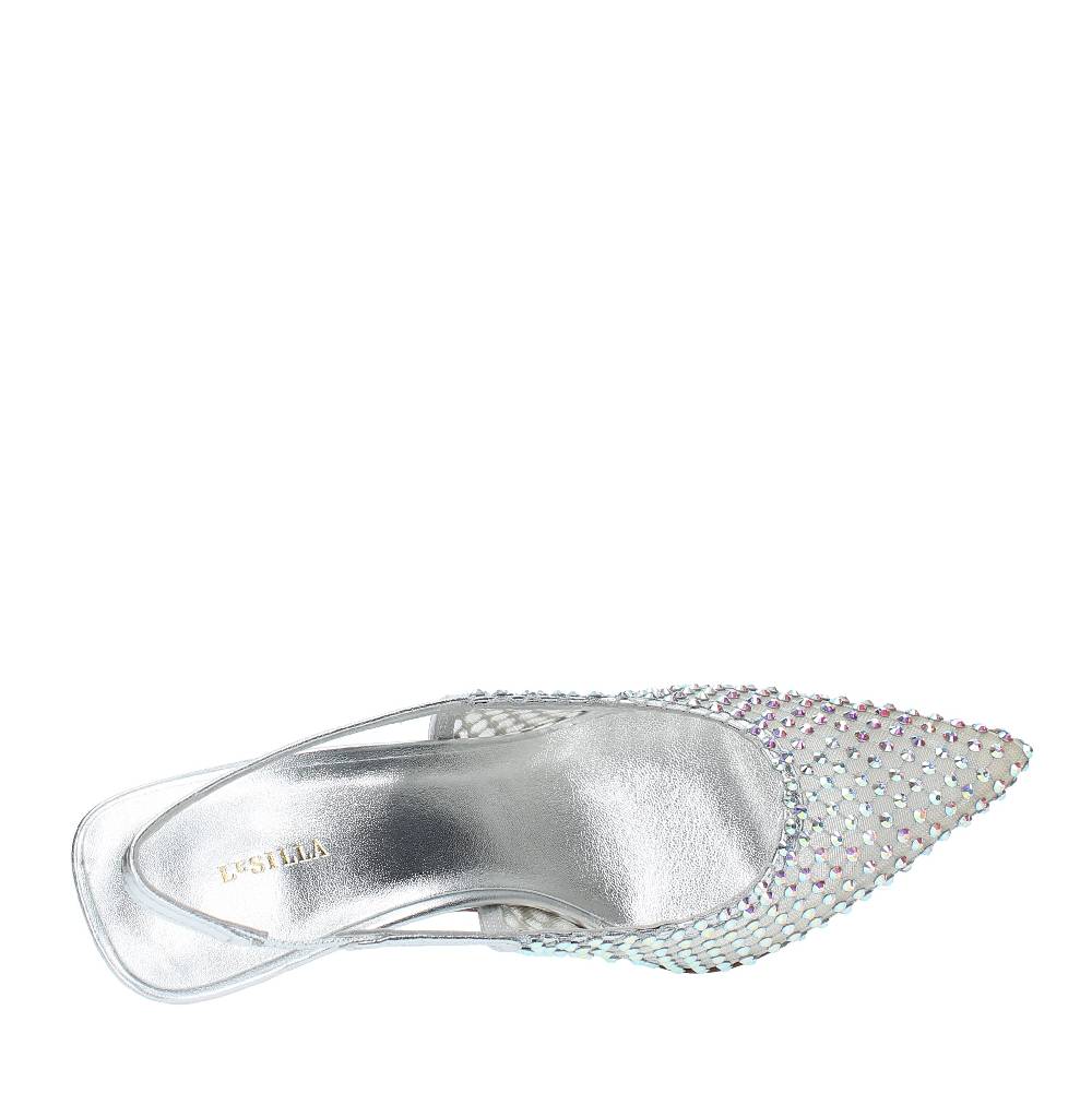 LE SILLA Décolleté Slingback Modello GILDA In Pelle E Rete Argentata, Ulteriormente Impreziosita Da Cristalli