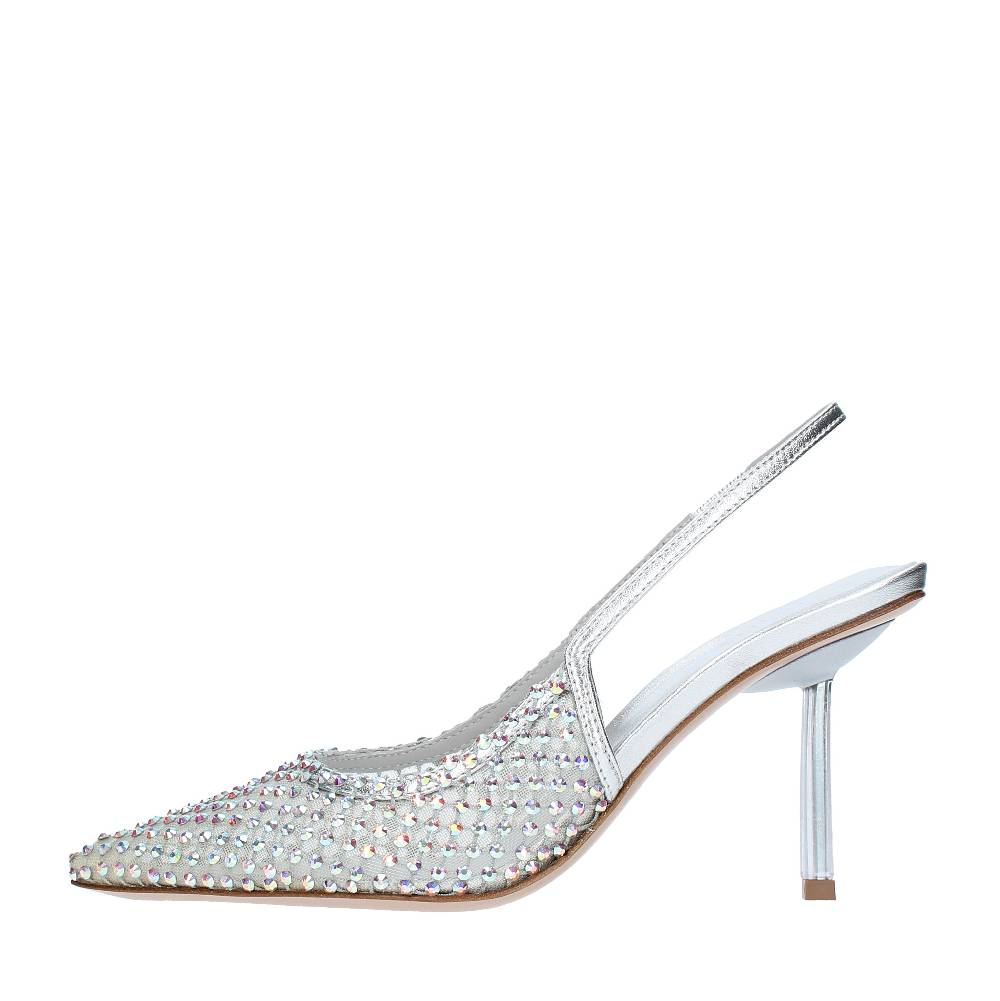 LE SILLA Décolleté Slingback modello GILDA in pelle e rete argentata, ulteriormente impreziosita da cristalli