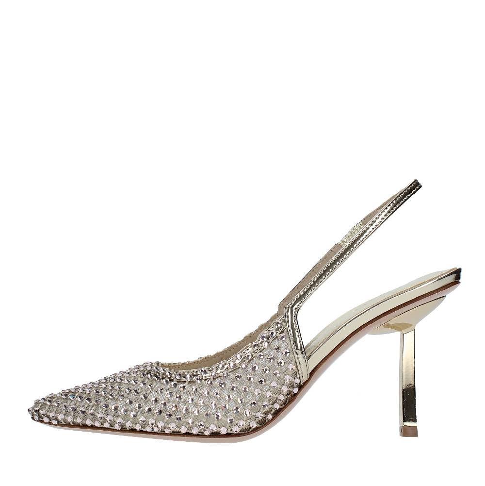 LE SILLA Décolleté Slingback modello GILDA in pelle e rete argentata, ulteriormente impreziosita da cristalli